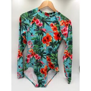 AXESEA Long Sleeve Swimsuit Women 10 Tropical Floral Flamingo Zip Rashguard Surf